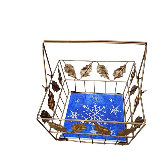 💙❄️Metal Square Basket Gold Holly Leaves & Blue Snowflake Tile Insert - Picture 3 of 12